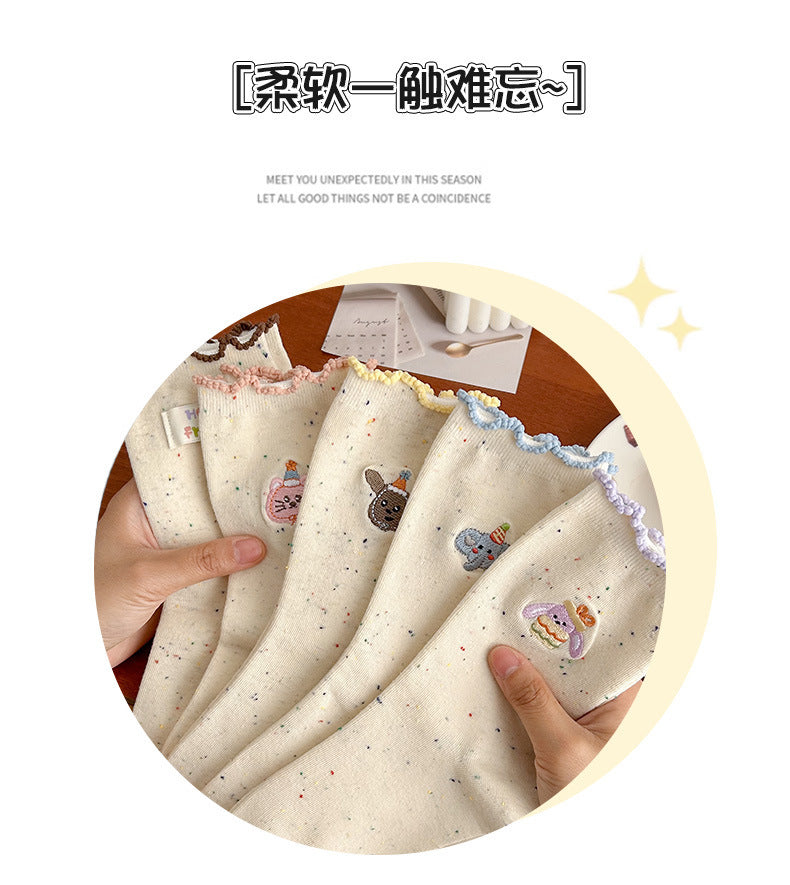 Cute Embroidered Cotton Crew Socks for Women | Ruffled Casual Socks