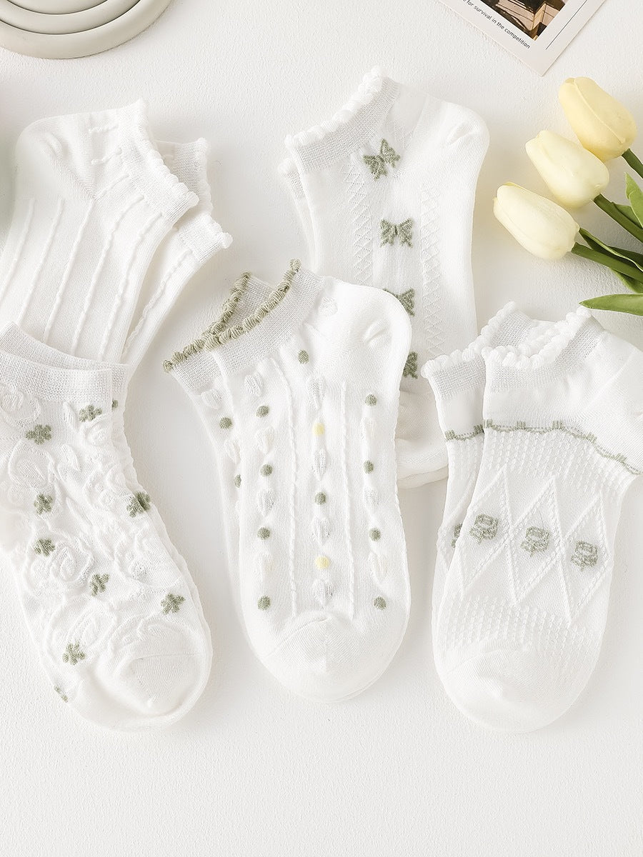 Cute Ruffled Ankle Socks for Women | Fresh White Green Cotton Socks