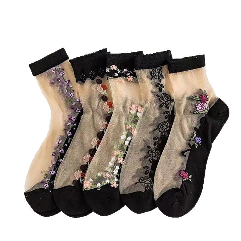 Floral Sheer Crew Socks for Women | Breathable Cotton Sole Summer Socks