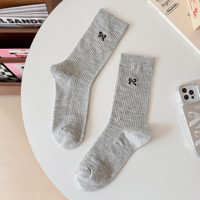 Embroidered Bow Cotton Crew Socks for Women | Casual Everyday Socks