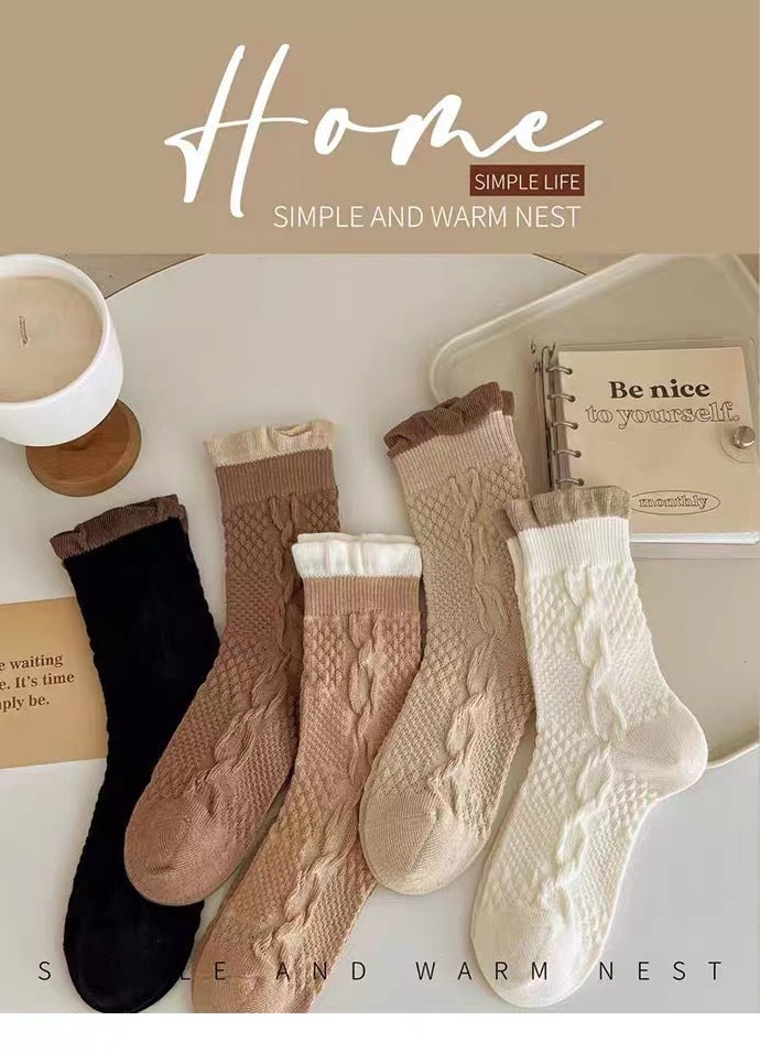 Cable Knit Crew Socks for Women | Breathable Ruffle Trim Cozy Socks