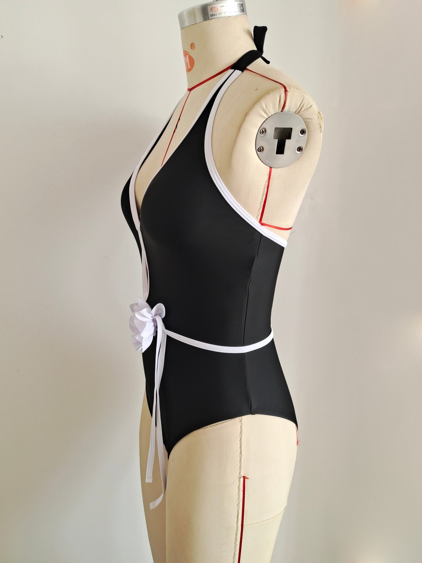Black 3D Flower Halter One-Piece Swimsuit | Flattering Swimwear