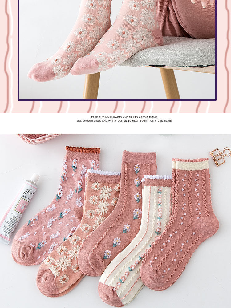 Women's Floral Pink Crew Socks | Cotton Textured Patterned Socks