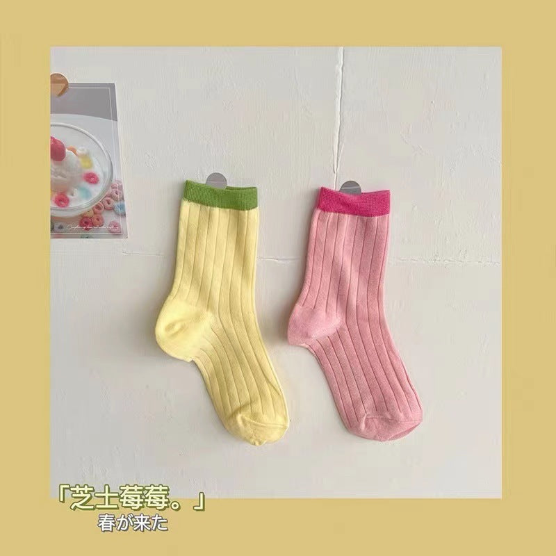 Contrast Cuff Crew Socks for Women | Lightweight Striped Cotton Socks