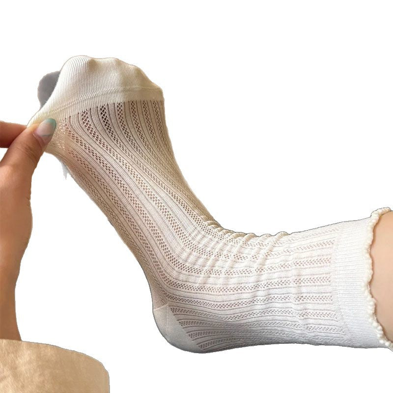 Mesh Ruffle Crew Socks for Women | Thin Breathable Summer Socks
