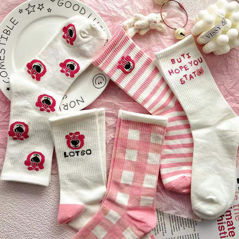 Cute Pink Strawberry Bear Crew Socks for Women