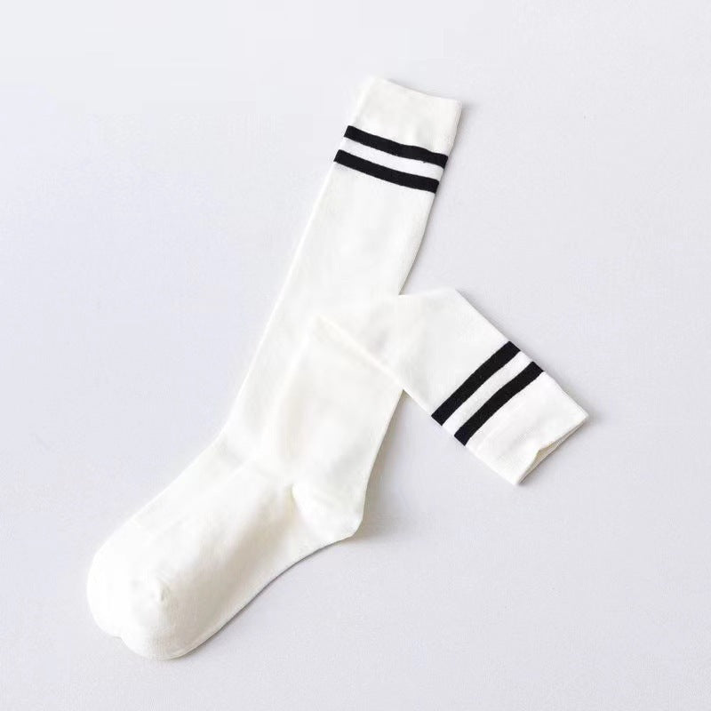 Two-Stripe Athletic Calf Socks | Breathable Cotton Retro Sports Socks