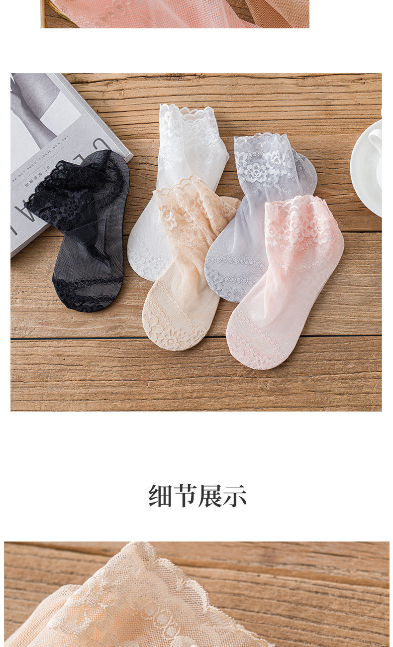 Lace Trim Ankle Socks for Women | Cotton Sole Sheer Mesh Socks
