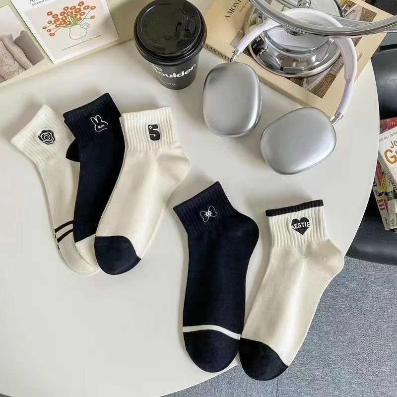 Embroidered Ankle Socks for Women | Black White Cotton Casual Socks