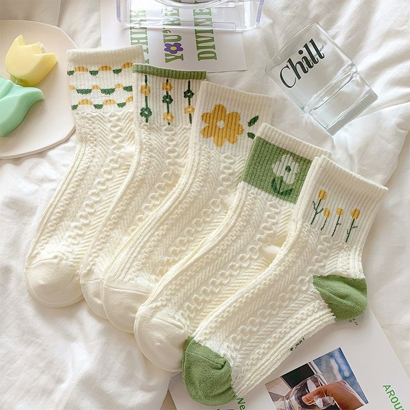 Cotton Floral Crew Socks for Women | Green Patterned Casual Socks