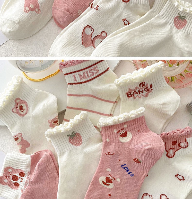 Cute Ruffled Ankle Socks for Women | Pink Strawberry Bear Cotton Socks
