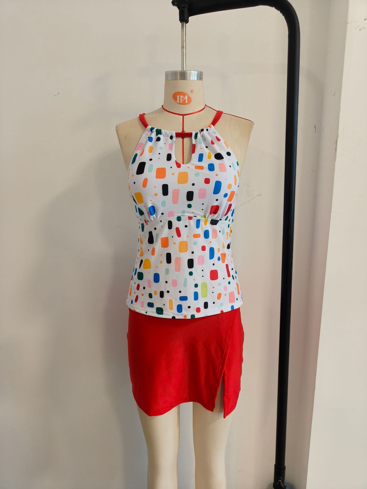 Polka Dot Halter Contrast Two-Piece Skirted Women's Swimwear