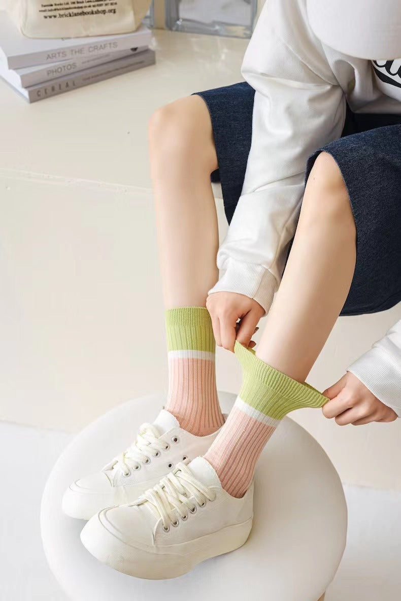 Cotton Crew Socks for Women | Preppy Pastel Embroidered Mid Calf