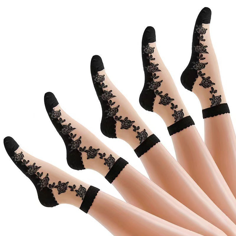 Floral Sheer Crew Socks for Women | Breathable Cotton Sole Summer Socks
