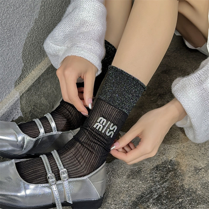 Sheer Glitter Crew Socks for Women | Summer Breathable Socks