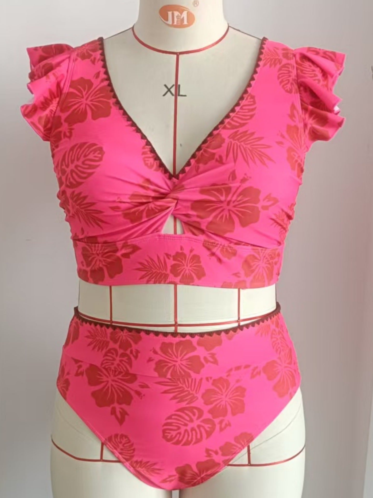 Bright Pink Floral Ruffle V-Ne Plus Size Bikini Set