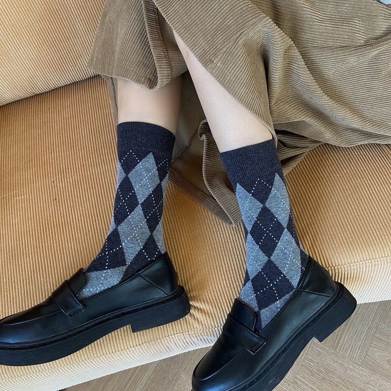 Vintage Argyle Crew Socks for Women | Retro Patterned Mid-Calf Socks
