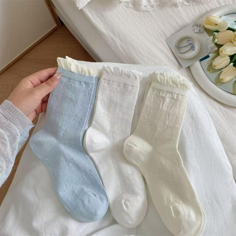 Ruffled Bow Cotton Crew Socks | Balletcore Socks for Women