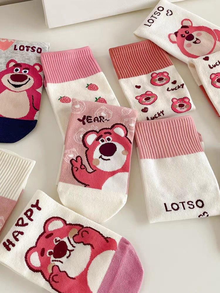 Cute Cotton Novelty Crew Socks | Strawberry Bear Print for Women