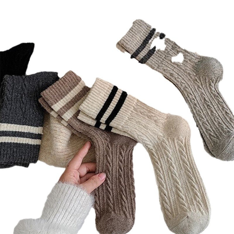 Cable Knit Two-Stripe Cozy Crew Socks for Women