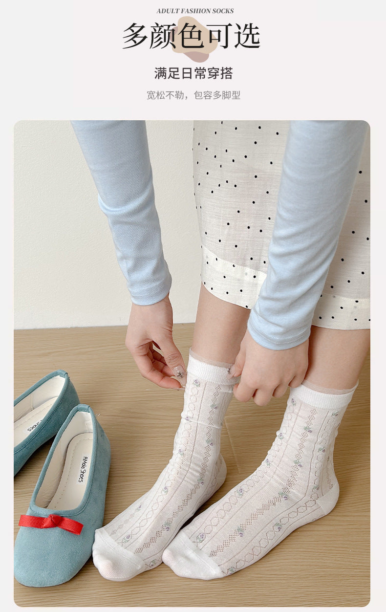 Floral Mesh Cotton Crew Socks for Women | Breathable Spring Summer