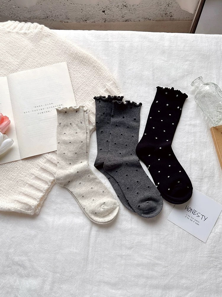 Ruffled Polka Dot Cotton Crew Socks for Women