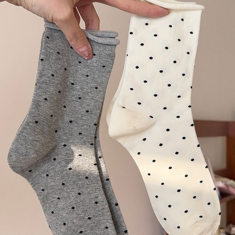 Polka Dot Cotton Crew Socks | Women's Rolled Edge Mid Calf Socks
