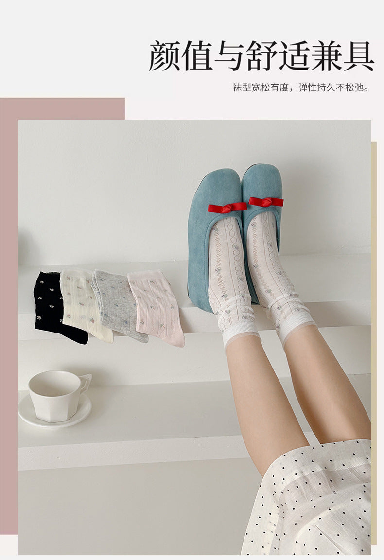Floral Mesh Cotton Crew Socks for Women | Breathable Spring Summer