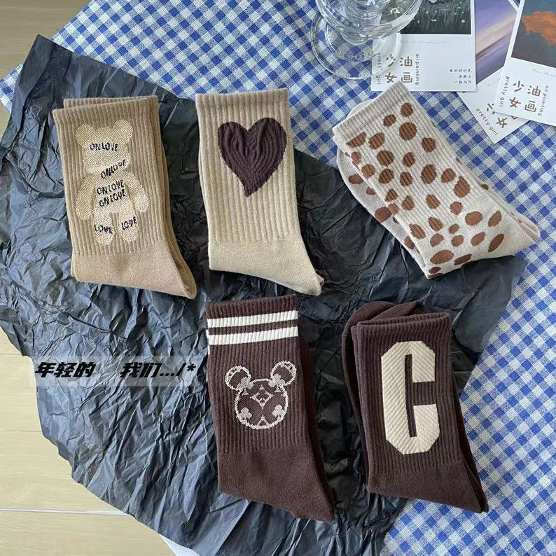 Cute Brown Patterned Crew Socks for Women | Soft Cotton