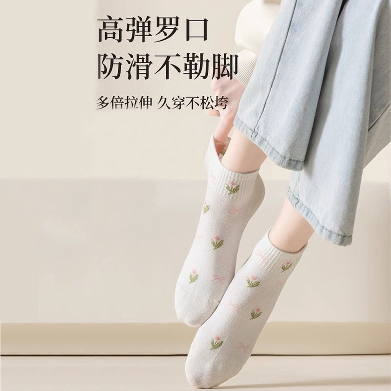 Sweet Floral Ankle Socks for Women | Breathable Cotton Spring Socks