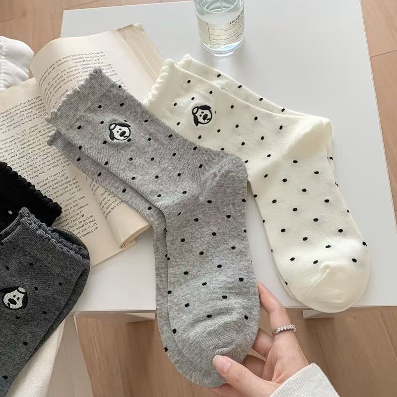 Cute Embroidered Dog Polka Dot Crew Socks for Women