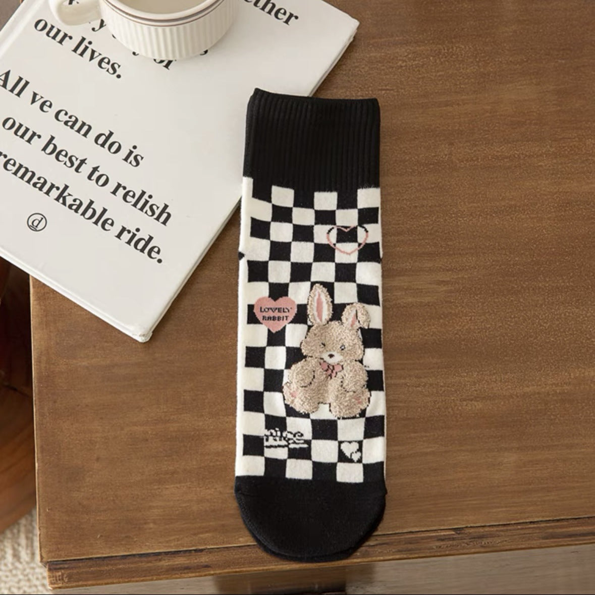 Cute Cotton Novelty Crew Socks | Checkered Bear Women's Socks