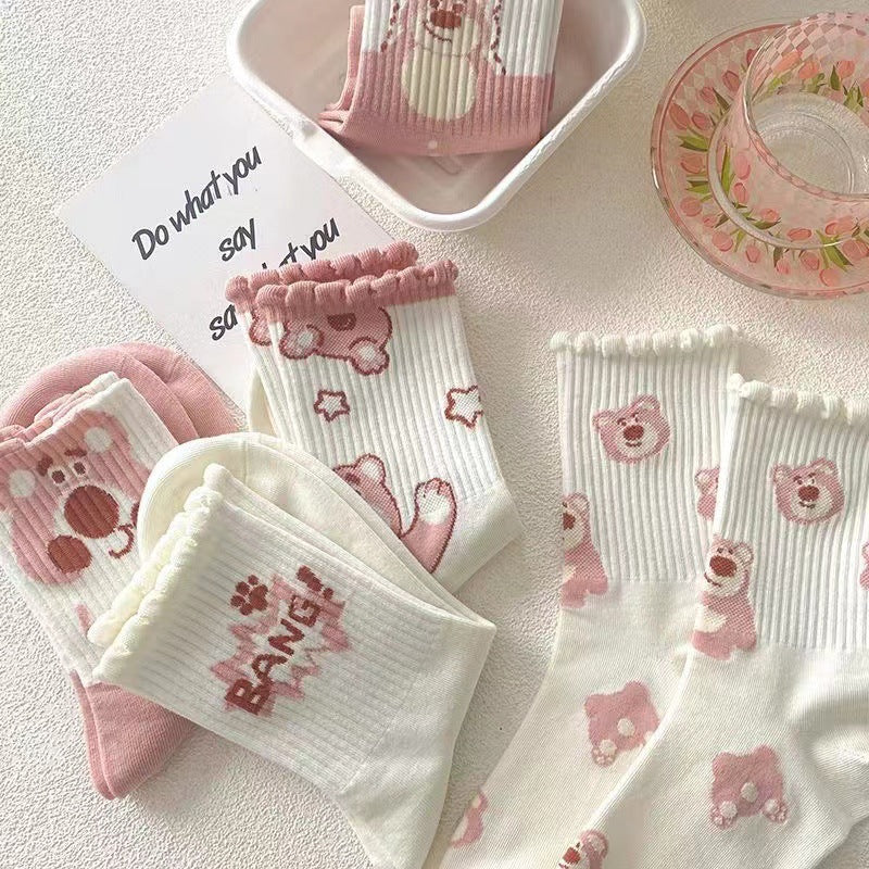 Cute Novelty Crew Socks for Women | Pink Cartoon Cotton Socks