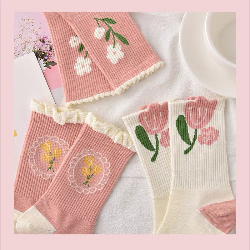 Cute Pink Floral Crew Socks for Women | Soft Cotton Patterned Socks