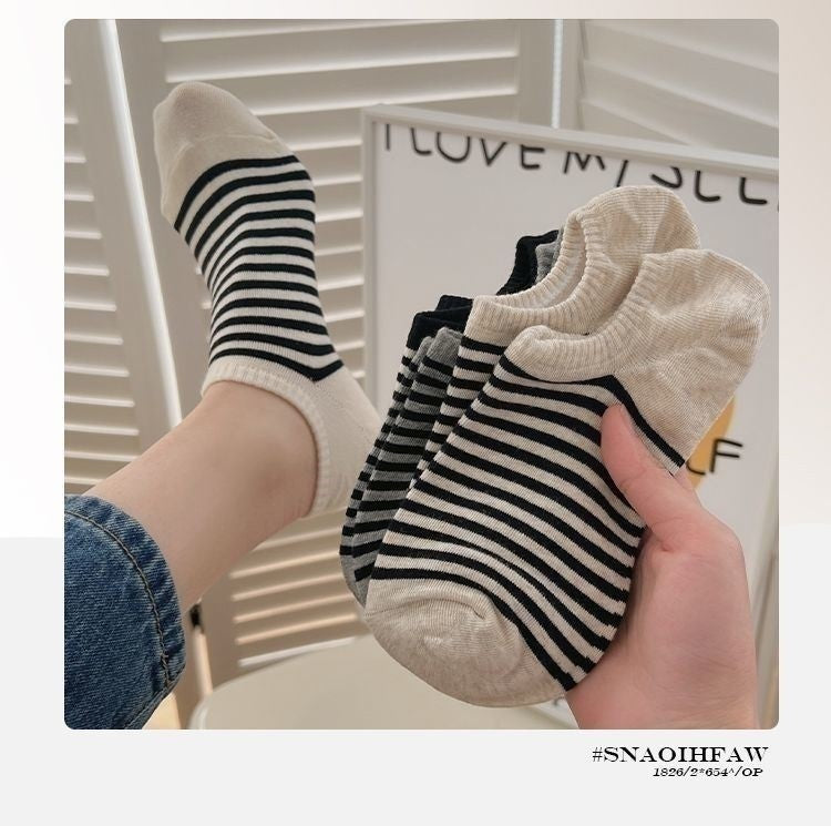 Striped No-Show Socks for Women | Non-Slip Invisible Cotton Socks