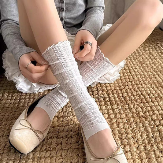 Lace Trim Calf Crew Socks | Balletcore Slouch Socks for Women