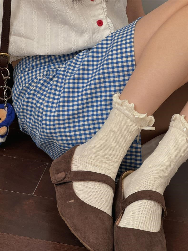 Ruffled Polka Dot Crew Socks for Women | Breathable Bow Socks