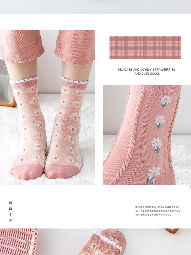Women's Floral Pink Crew Socks | Cotton Textured Patterned Socks