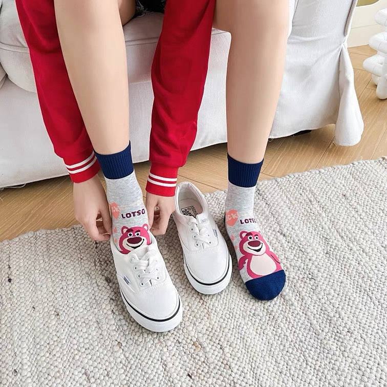 Cute Cotton Novelty Crew Socks | Strawberry Bear Print for Women