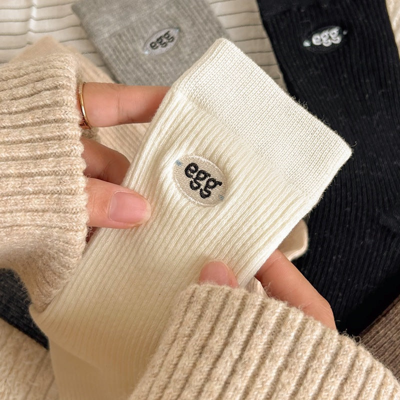 Women's Cotton Crew Socks | Embroidered Neutral Fall Socks
