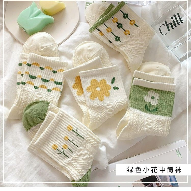 Cotton Floral Crew Socks for Women | Green Patterned Casual Socks