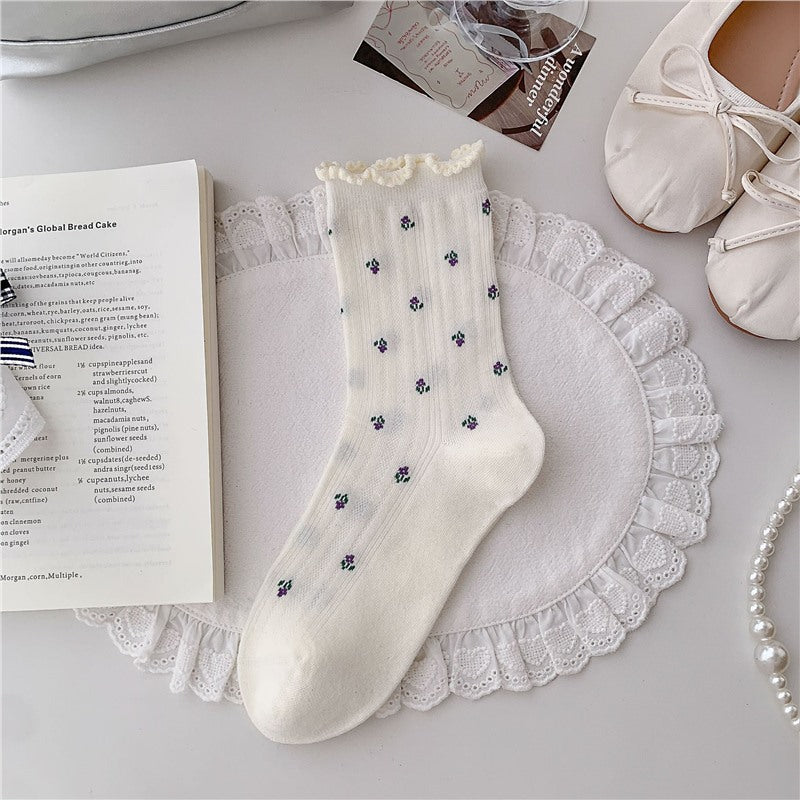 Floral Ruffle Crew Socks for Women | Thin Breathable Spring Socks