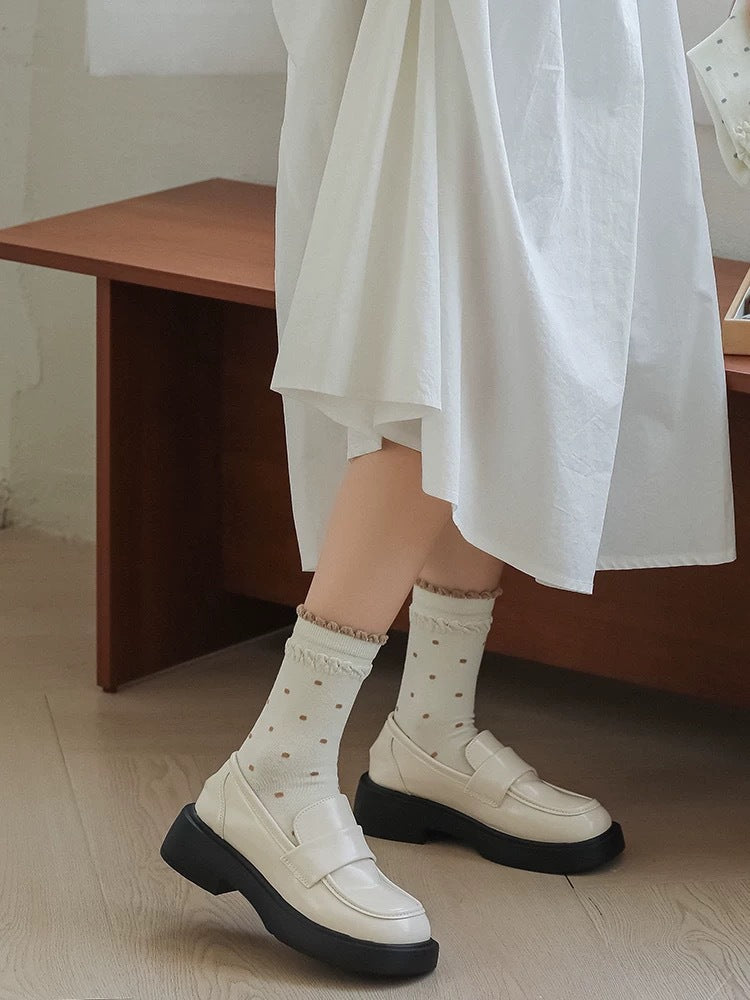 Polka Dot Cotton Crew Socks for Women | Ruffled Lace Trim