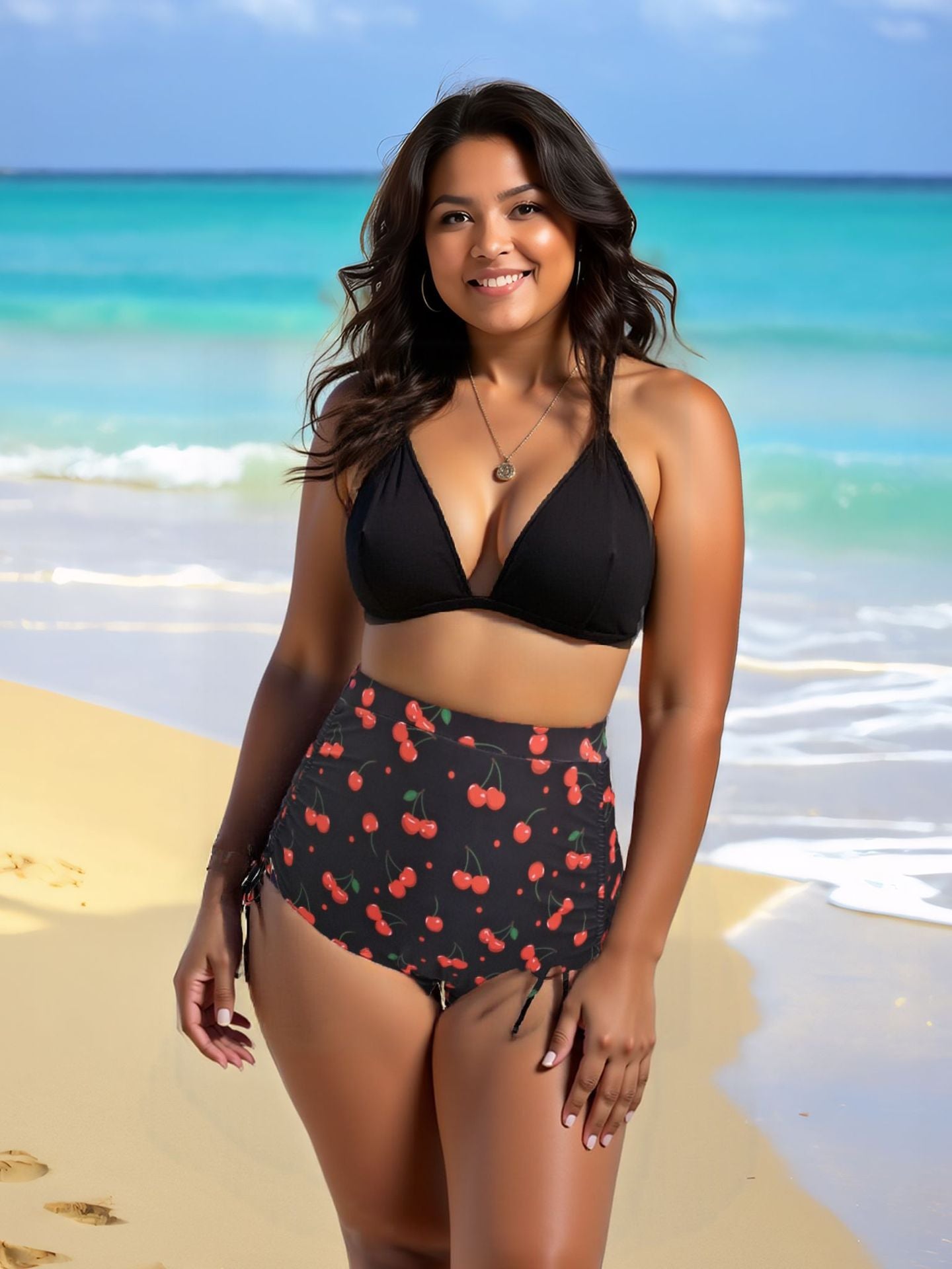 Plus Size Halter Cherry Print Tie-Side Bikini Set | Women's Swimwear