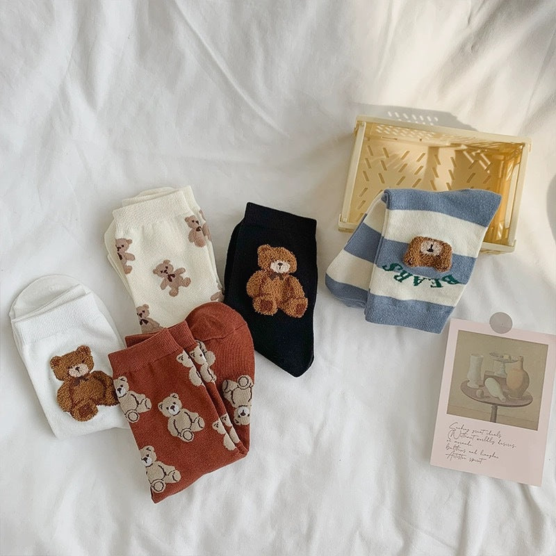 Cute Bear Print Women's Crew Socks | Casual Cotton Novelty Socks