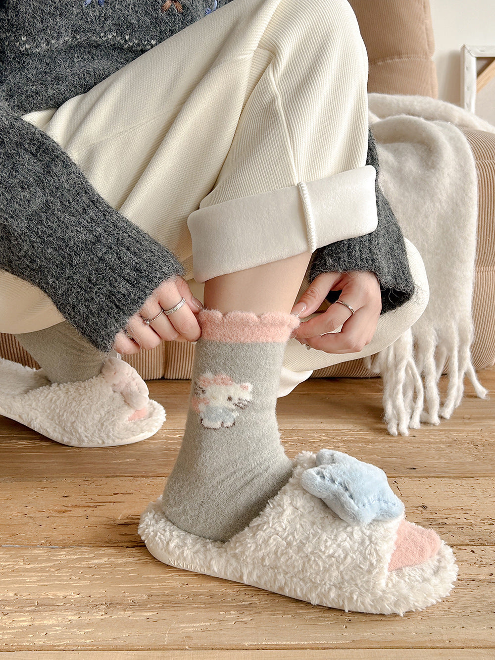 Cute Fuzzy Cozy Crew Socks | Hello Kitty Winter Socks for Women