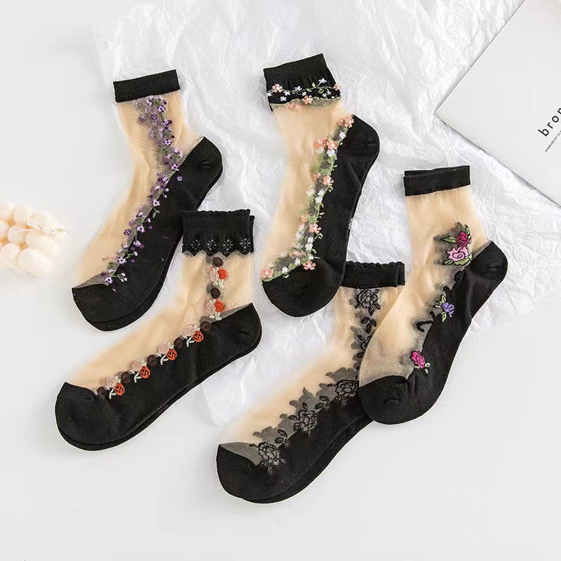 Floral Sheer Crew Socks for Women | Breathable Cotton Sole Summer Socks