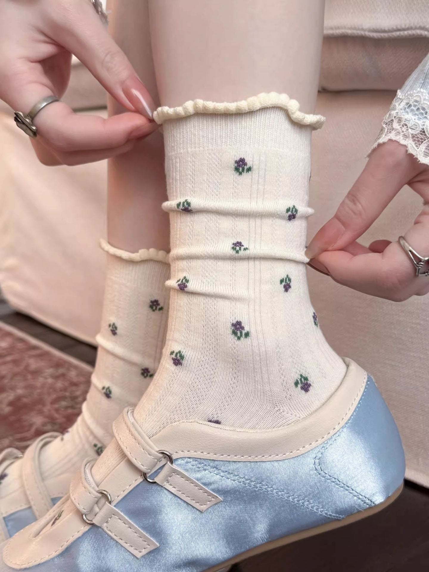 Ditsy Floral Ruffle Crew Socks for Women | Lightweight Spring Socks