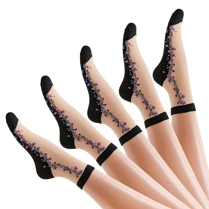 Floral Sheer Crew Socks for Women | Breathable Cotton Sole Summer Socks