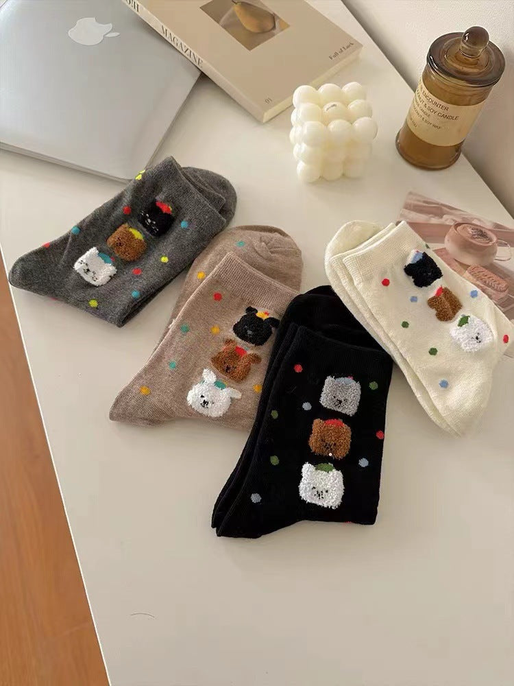 Cute Cotton Polka Dot Bear Crew Socks for Women
